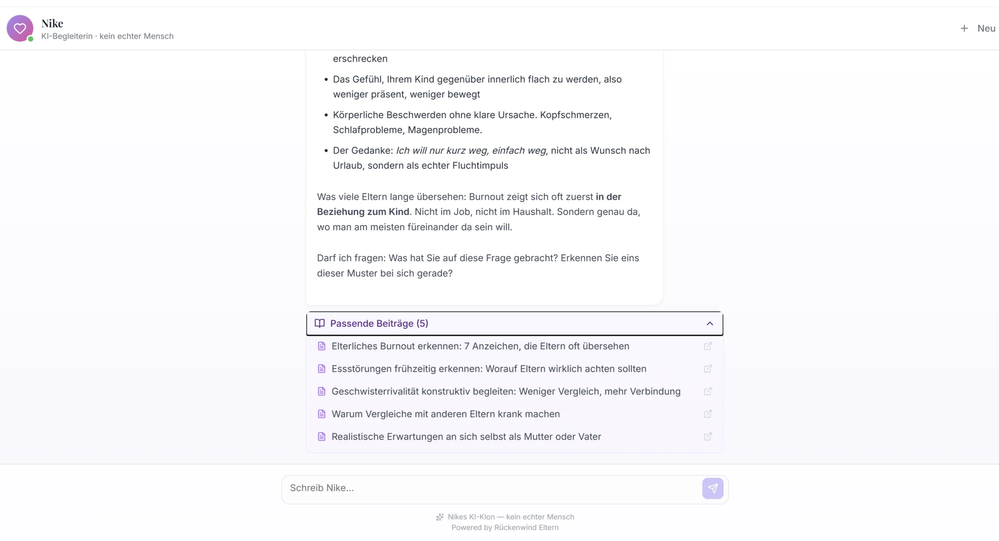 NikeKI-Antwort mit einer Liste passender weiterführender Beiträge