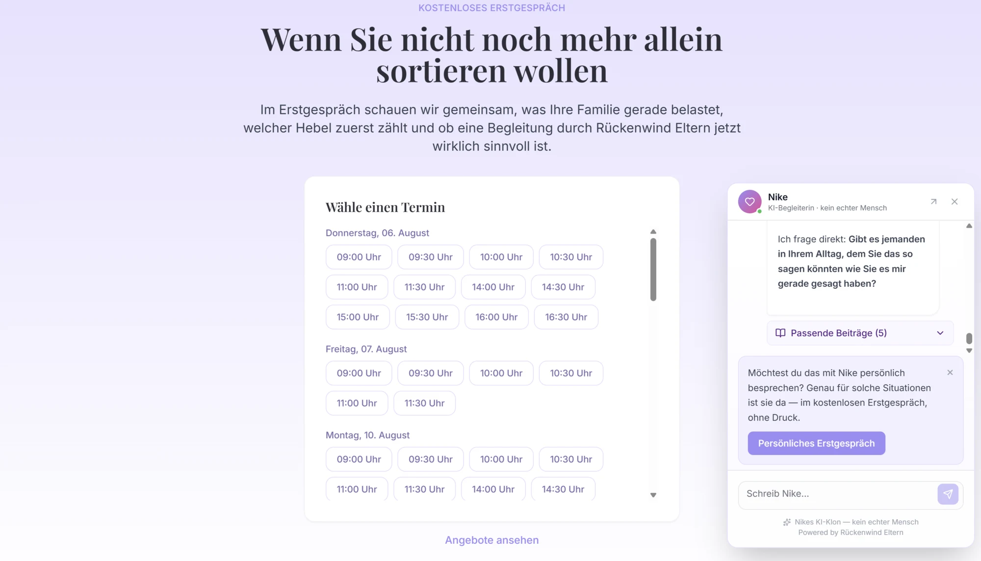 Terminansicht mit eingeblendeter NikeKI und einem persönlichen Erstgespräch als nächstem Schritt