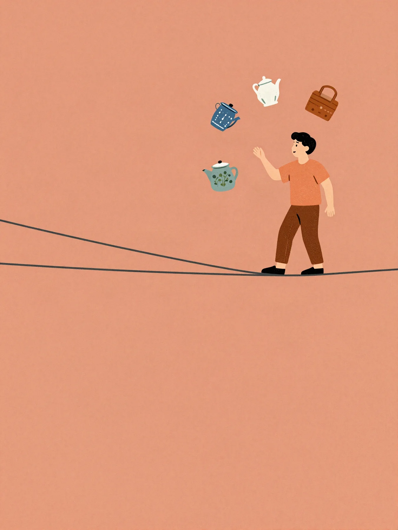 Illustration einer Person, die auf einem Seil mehrere Alltagsaufgaben gleichzeitig balanciert